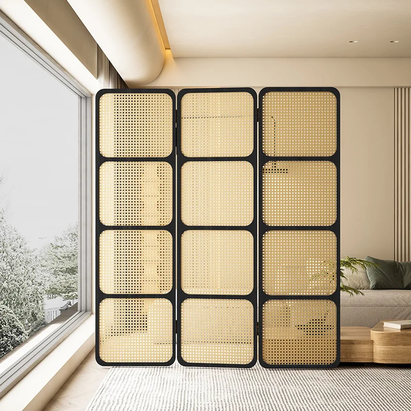 Chinese PE checkered rattan screen partition wall folding screen living room bedroom shield simple modern folding mobile environ