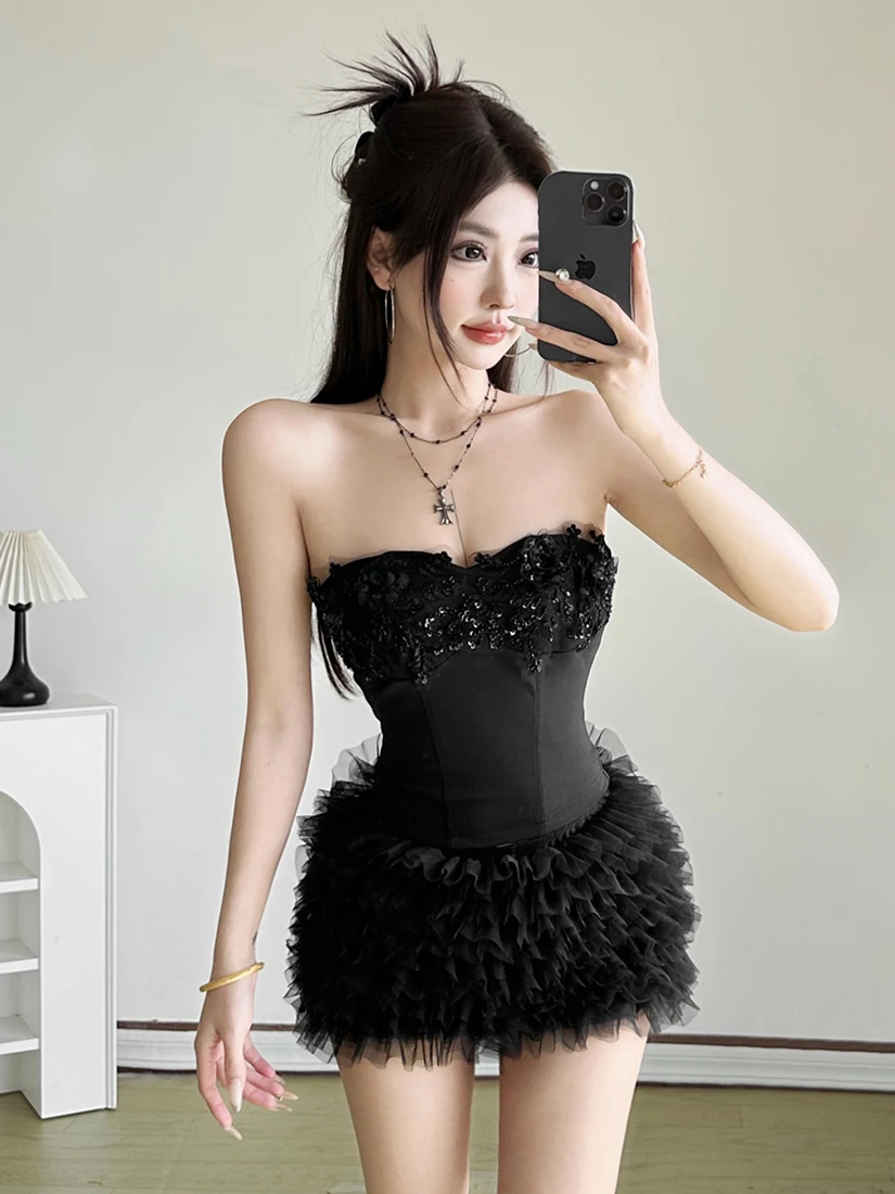 

SylCue Bla Swan Sequin Slimming Crop Top And High Waist Skirt Set Faionable Glittery Vest And f-length Ensemble