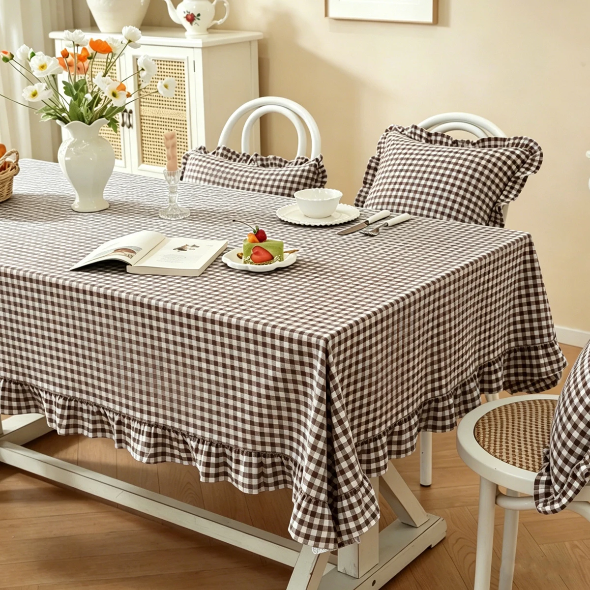Karierte Tischdecke mit Rüschenrand für Zuhause, Hochzeit, Party, Festival, Küche, Weiche Faltbare Tischdecke mit Rüschenrand – Detail 4