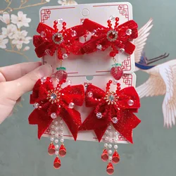 2pcs Girls Chinese Cute Hanfu Headdress Bow Hair Clip Wig Braid Hairpin Side Clip Hair Accessories For Spring Festival New Year