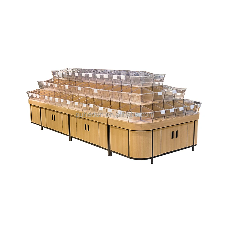 custom.Double-Sided Heavy Duty Iron Rack Supermarket Display Shelf Bulk Wood Snacks Nuts and Candy Sale