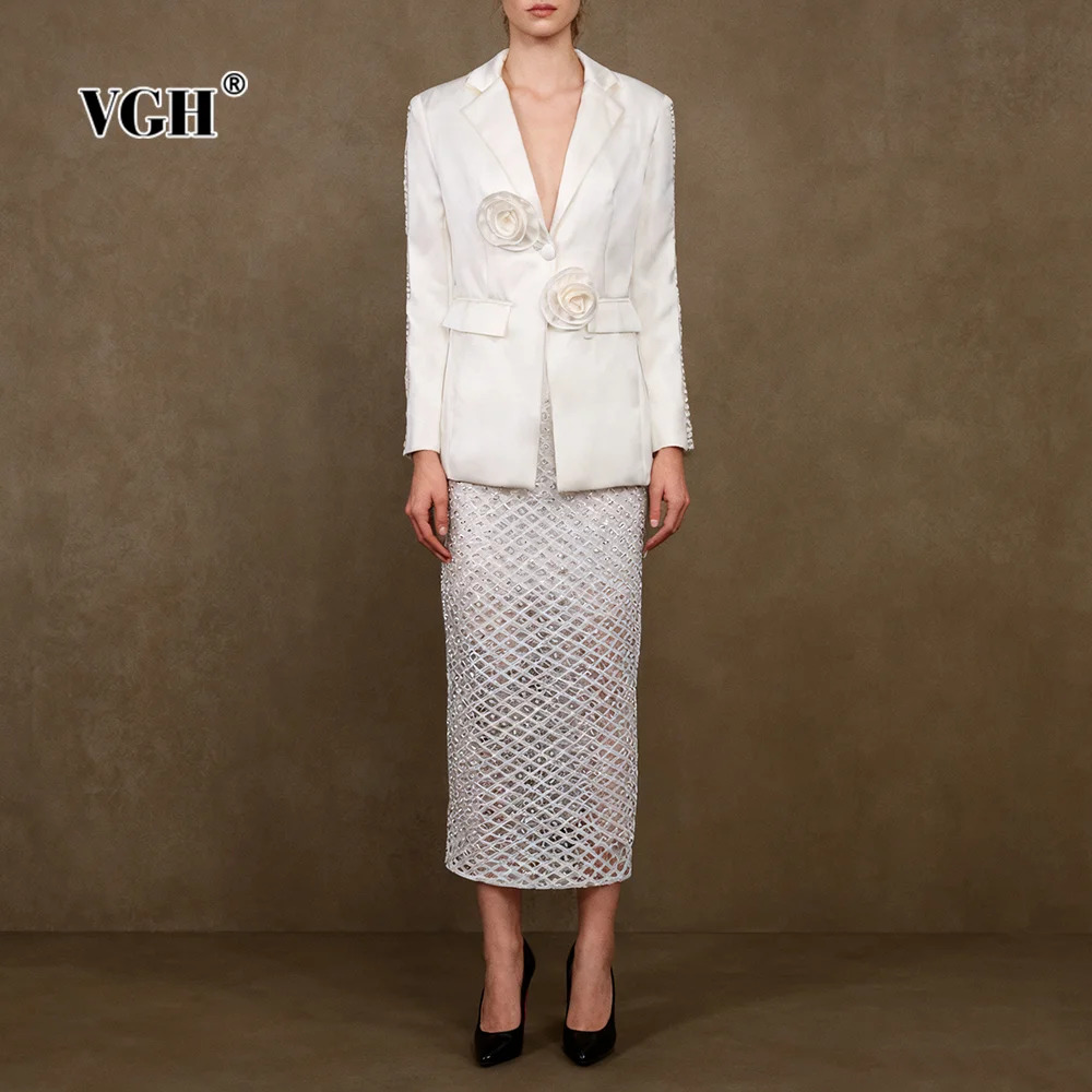 

VGH Chic Two Piece Set for Women Lapel Long Sleeve Spliced Appliques Top High Waist Sheer Mesh Skirt with Beading Suit Female