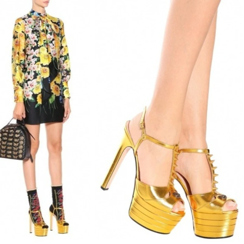 

European and American Women's 16cm Nightclub Sexy Thick High-heeled Rivet Buckle Sandals Trendy Thick Soled Model Walking Shoes