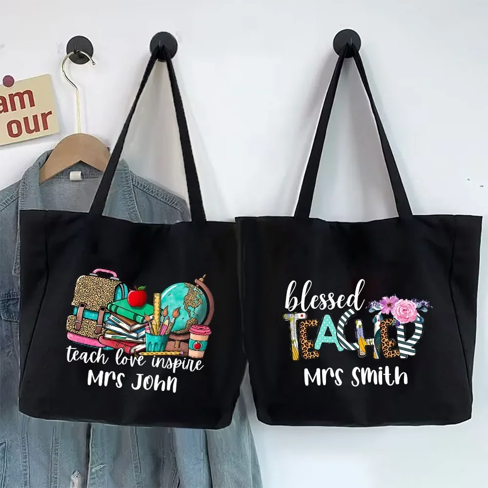 

Personalised Tote Bag Women Shoulder Bags Custom Name Canvas Shopping Bag Teach Love Inspire Printed Handbags Gift for Teacher