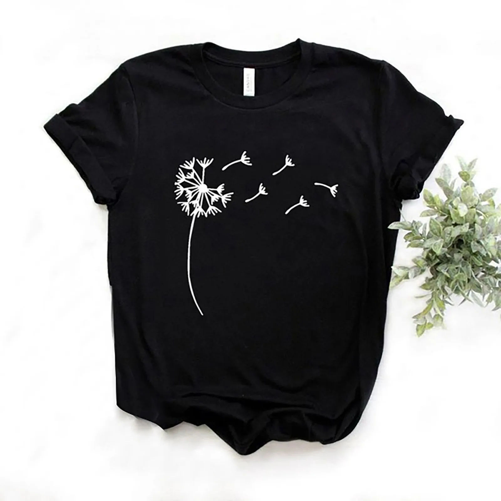 

New Summer Dandelion Butterfly Print Women Tshirt Casual White and Black T-shirt Loose T Shirt Gift for Lady Young Girl Tops