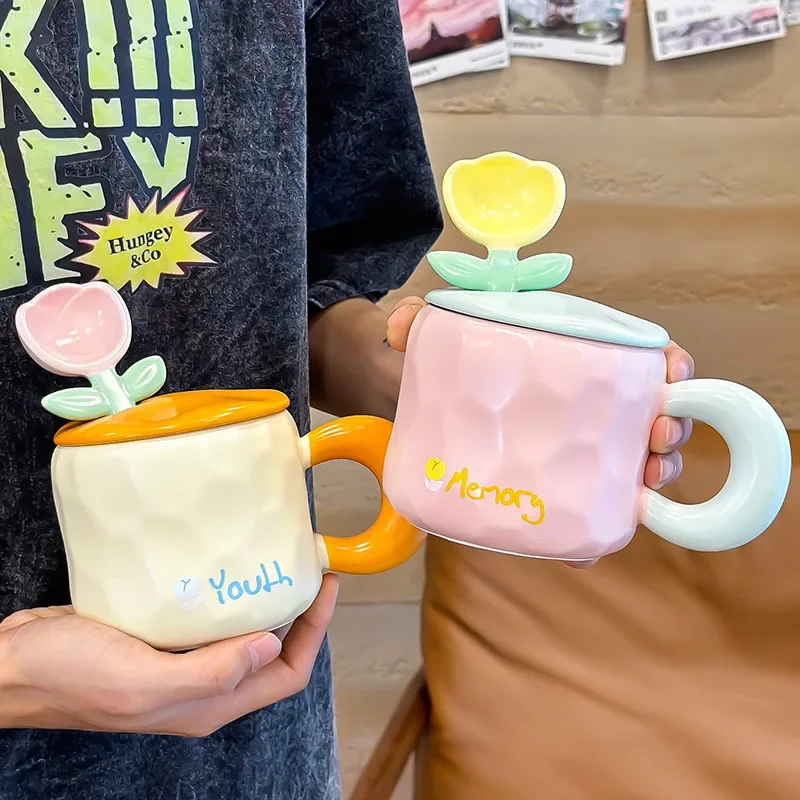 Milk fufu flower cup high value girl mug with lid spoon household ceramic drinking cup breakfast coffee cup