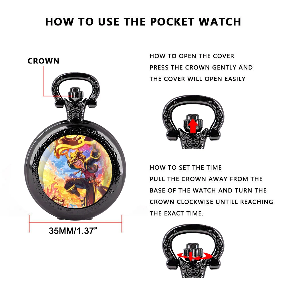 Virtual Game Protagonist Glass Dome Quartz Pocket Timepiece Wear-Proof Chain Arabic Numeral Dial Optimal Halloween Presents