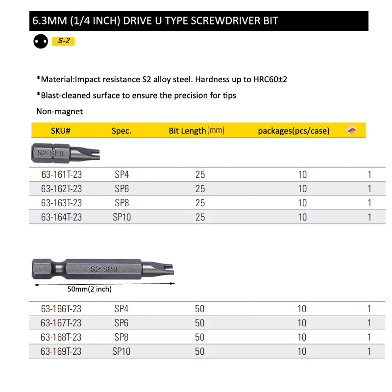 Stanley 10 piece 1/4 hex shank U1 SP10 U6 SP6 SP8 SP10 precision U-type screwdriver bits h fork shape u type screw driver bit S2