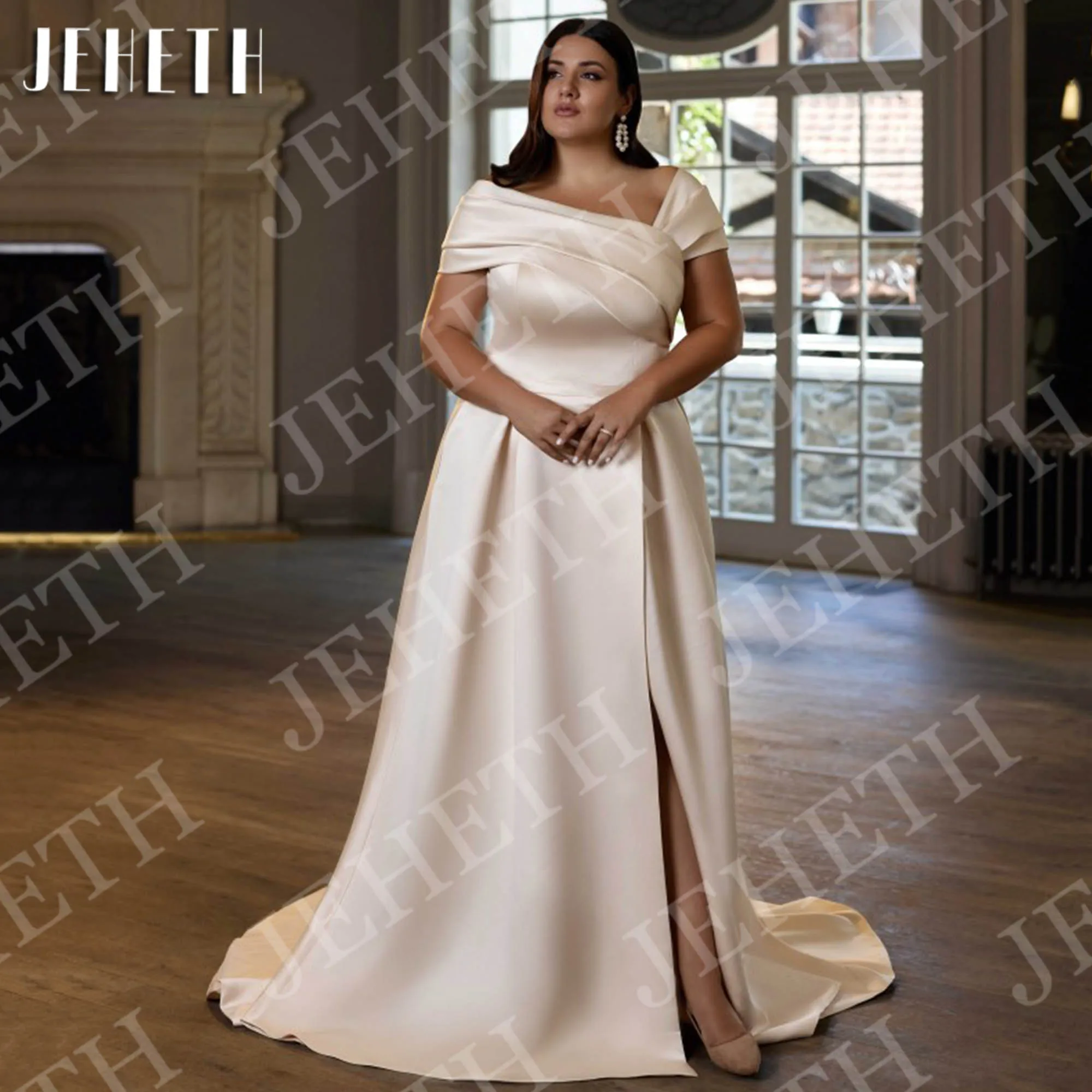

JEHETH A Line Evening Dresses Saudi Arabia Woman Prom Dress Elegant Off Shoulder Satin High Split Formal Events Gown Customized