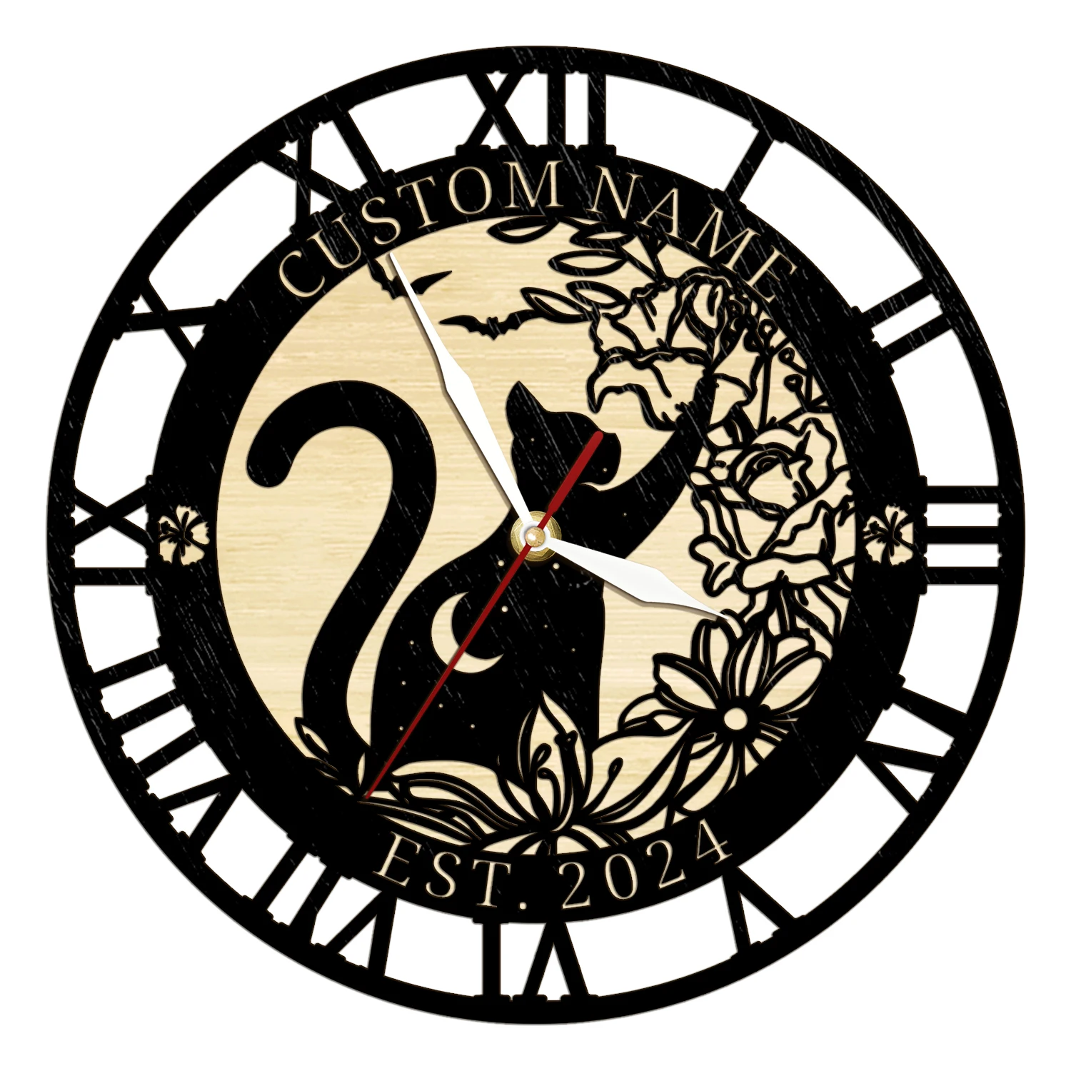 Custom Cat with Crescent Moon Natural Wooden Wall Clock for Kids Nursery Room Personalized Laser Engraved Cat Name Timber Clock