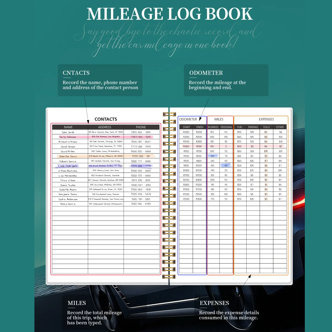 Libro di registro per chilometraggio A5, localizzatore di spese per veicoli con contachilometri, miglia, carburante, parcheggio, perfetto per documenti di auto aziendali e personali