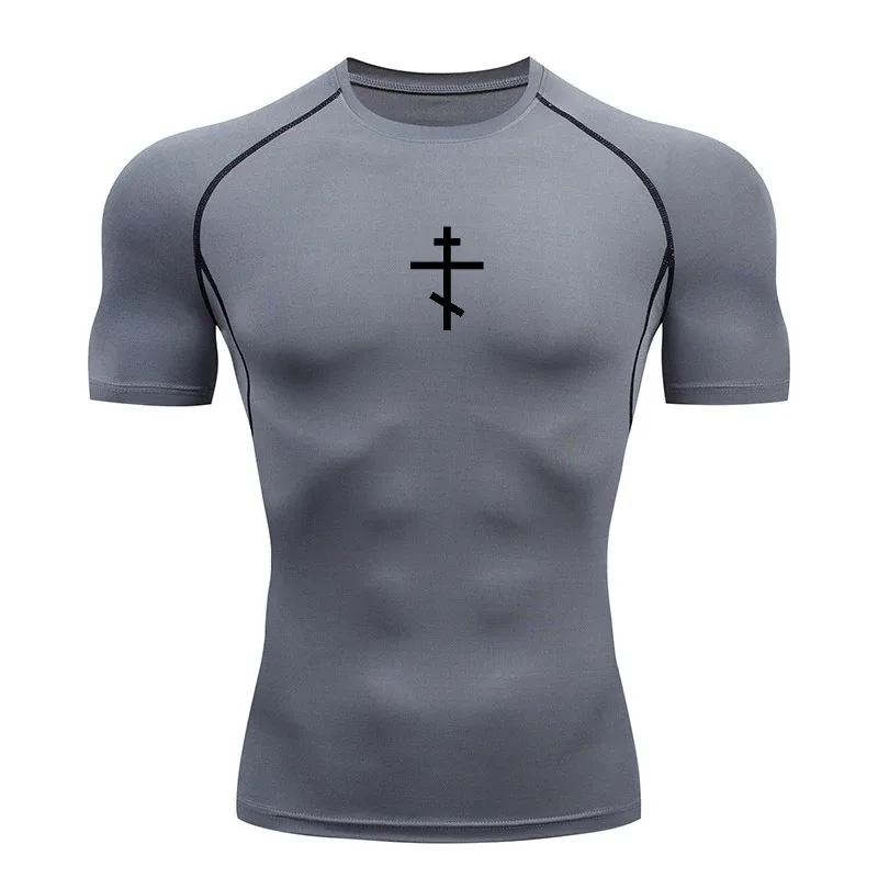 Cross Print Compression Shirt for Men Christian Athletic Tshirt Tees Tops Gym Workout Fitness Running Baselayers Undershirts