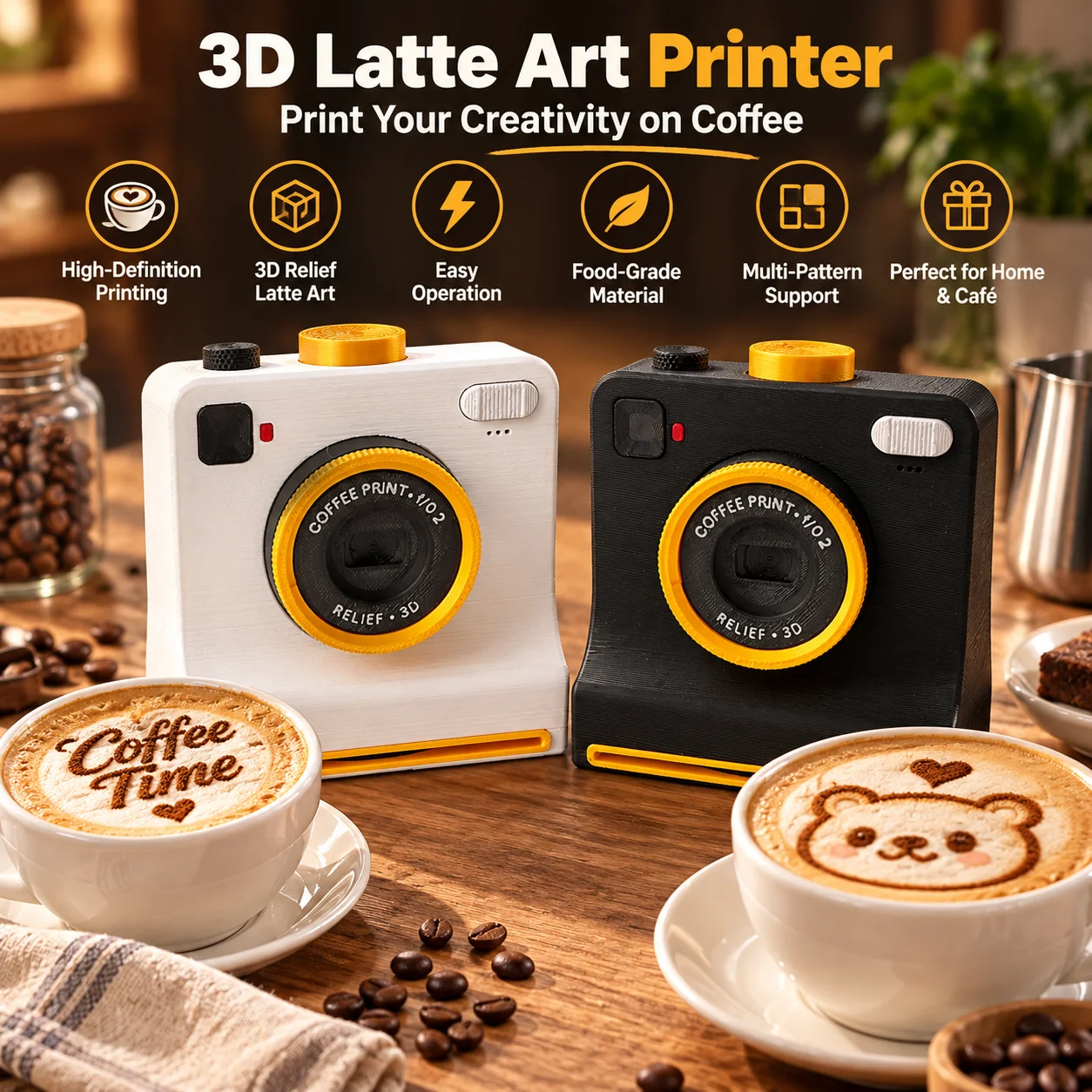 3D Printed Latte Art Camera,Holiday Party Gift Fully Mechanical One-Click Coffee Art Maker Home Decor for Cappuccino