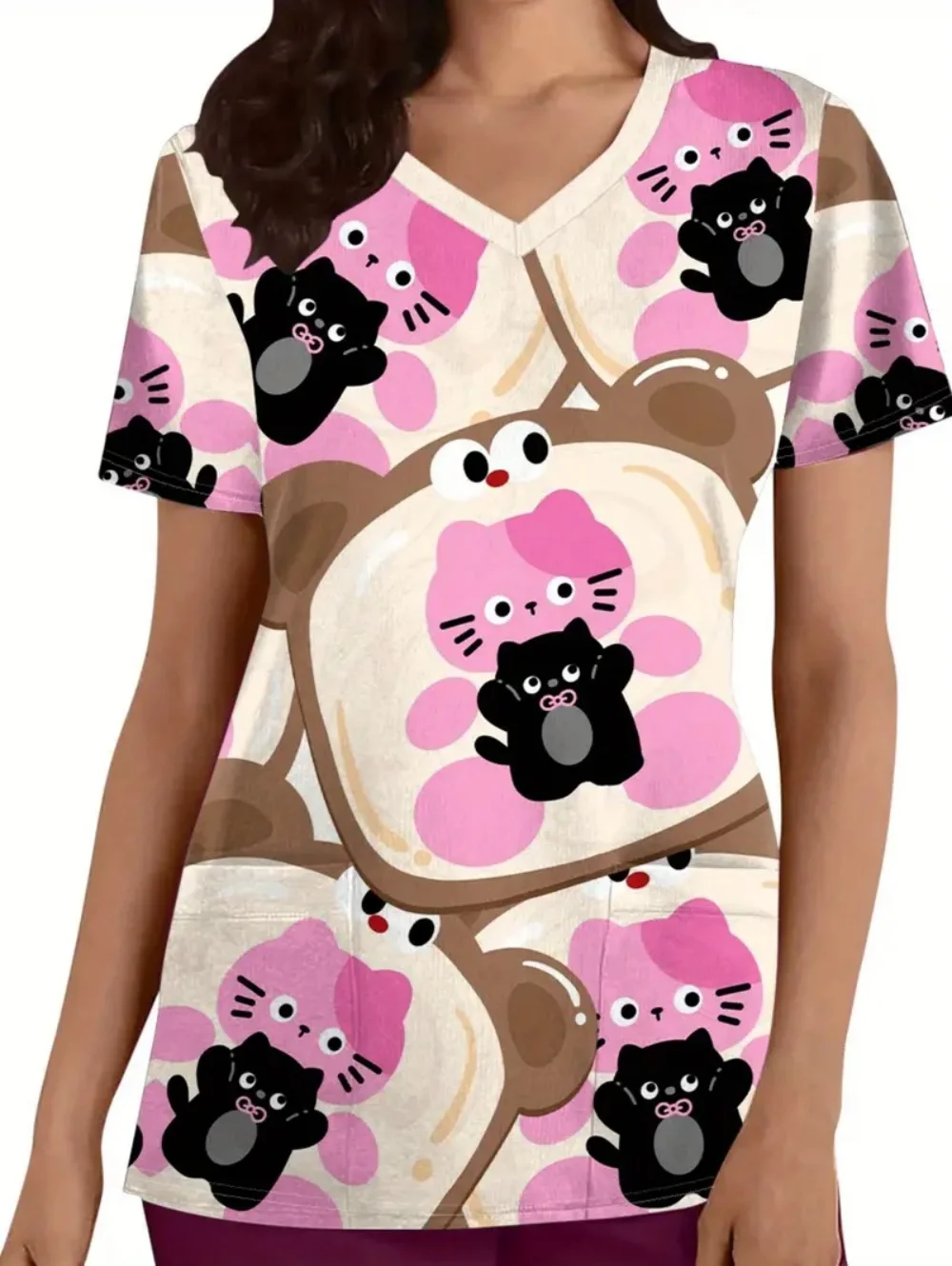 Uniforme chirurgical pour femme, motif de chat mignon imprimé, col en v, manches courtes, uniforme d'infirmière, hauts confortables avec poches, vêtements médicaux