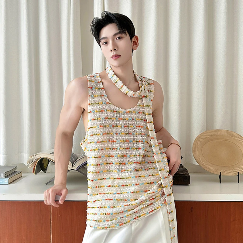 WTHT Fashion Men's Striped Embroidery Bandage Design Camisole Trendy 2026 Summer Sleeveless Loose Casual Tank Tops Male 2A3114