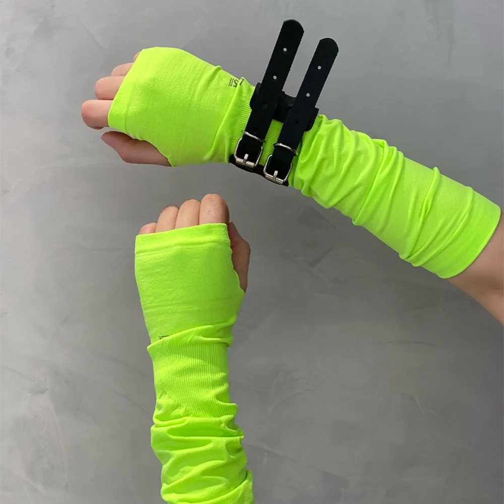 

Sun Protection Gothic Punk Black Arm Cover Spandex Hip-hop Ice Silk Finger Sleeves Thin Cool Y2K PU Wristband Festival