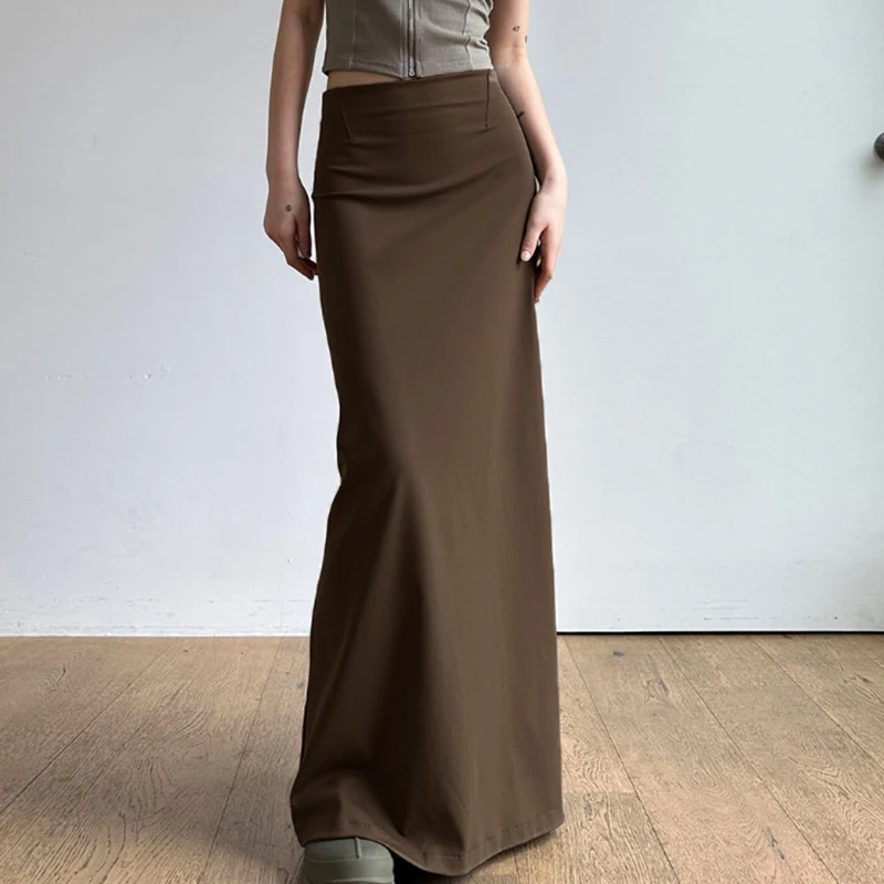 IAMHOTTY Knit Slim Solid Color One-Piece Slit Long Skirt Brown Chic Elegant Vintage Straight Maxi Skirts Grunge Streetwear 2023