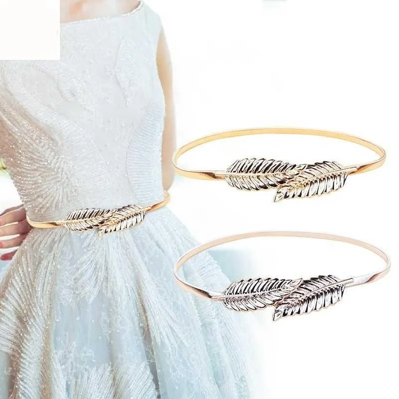 Korean-Style Elegant and Versatile Gold Metal Women’s Waist Cincher Gentle Elegant Thin Leaf-Patterned Stretch Elastic Belt