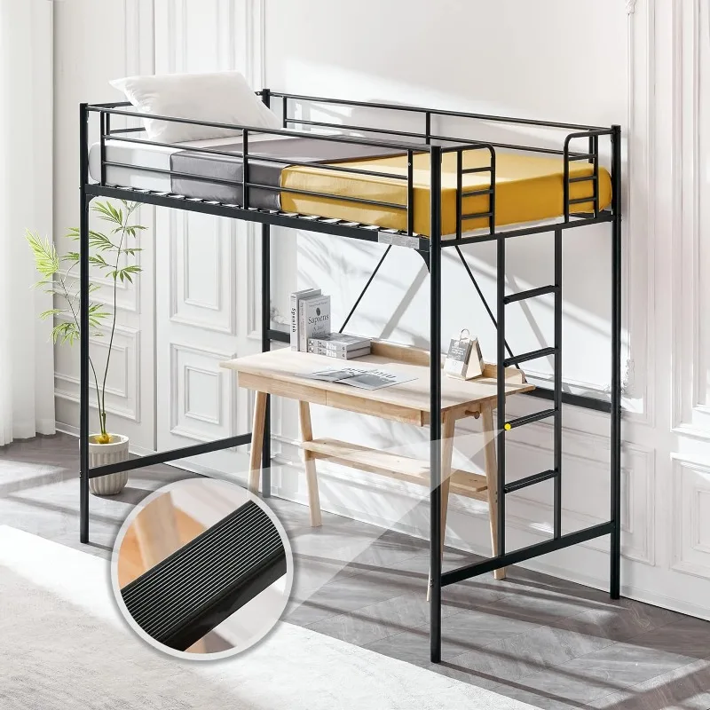 

Twin Loft Bed with Stairs Metal Single Loft Bunk Bed with Safety Guard Rails & Flat Ladder Rung/Rubber Cover for Kids Teens