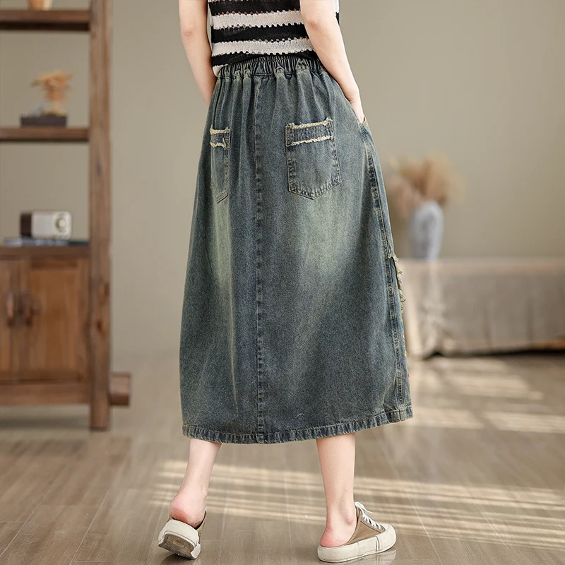 #3074 Elastic Waisted Denim Skirts Women Embroidery Floral Vintage Jeans Skirts Female Loose A-line Retro Midi Skirts Spring