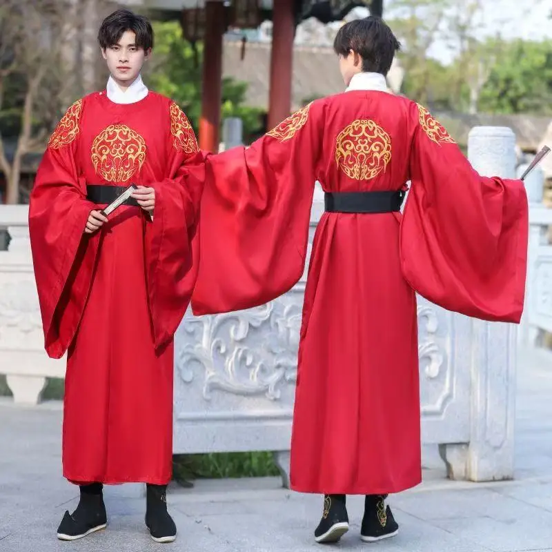 

Traditional Chinese Costume Men Tang Dynasty Embroidery Round Neck Long Robe Vintage Halloween Royal Prince Cosplay Clothing