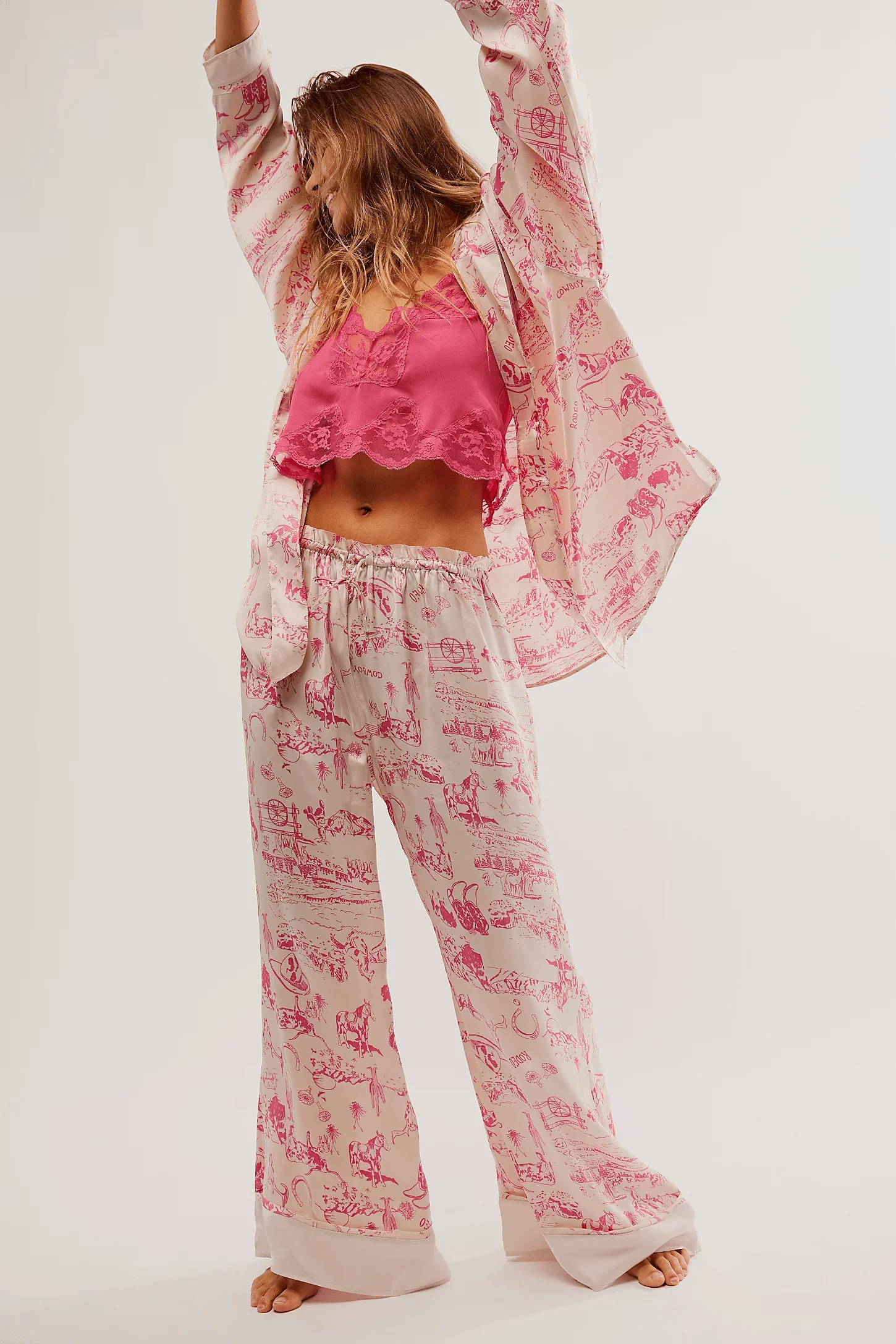 Women Pink Floral Print Pajama Set Long Sleeve Button Up Shirt And Wide Leg Pants Sleepwear Loungewear