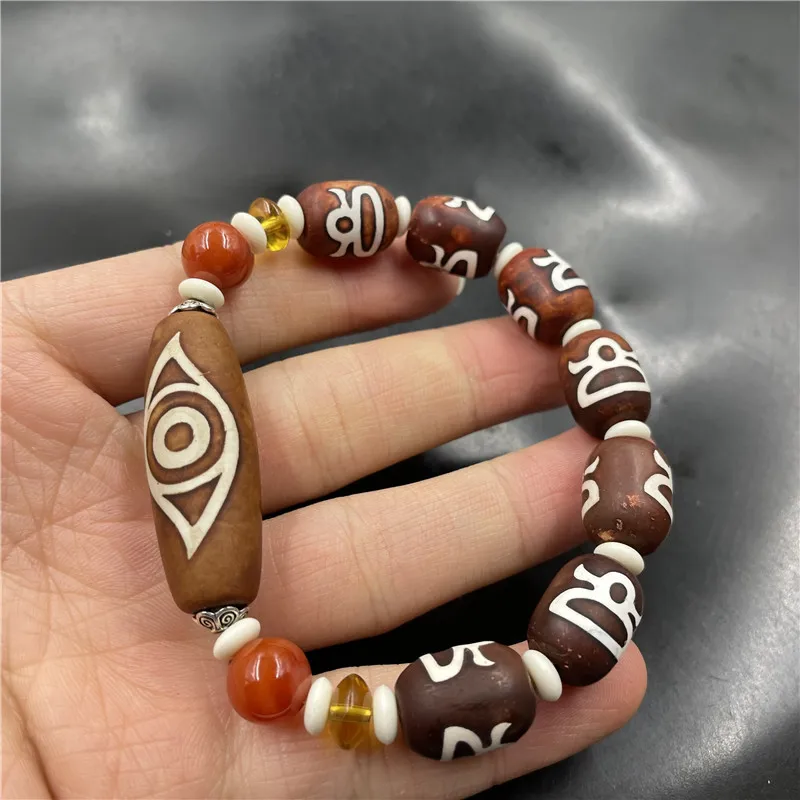 With Dzi Beads Old Tibetan Agate Bead Bracelet