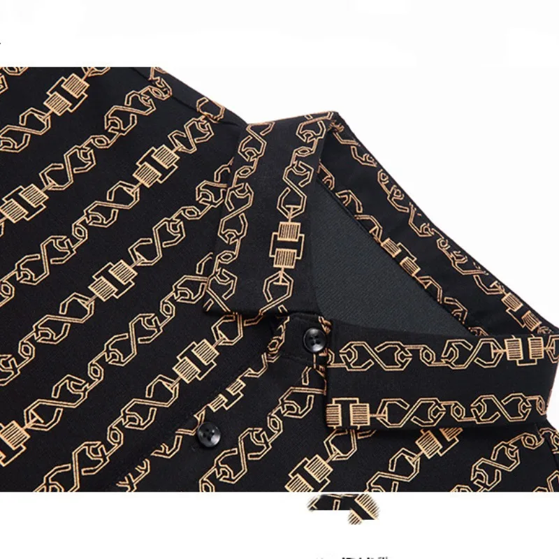 Spring and Autumn Men's Polo Collar Single Breasted Geometric Printed Button Long Sleeve T-shirt Cardigan Shirt Casual Tops