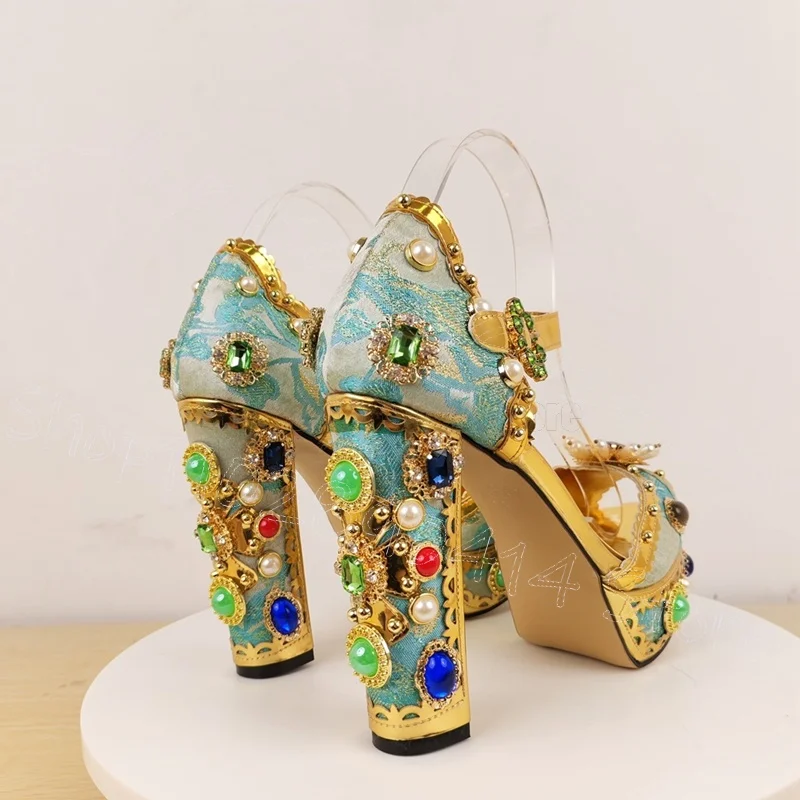 Embroidery Design Crystal Beads Platform Sandals Buckle Strap Women Shoes Chunky High Heels Party Feast 2025 Zapatos Para Mujere
