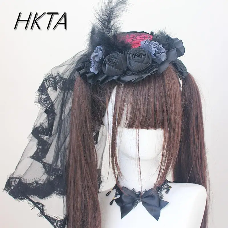 ฤดูใบไม้ผลิและฤดูร้อน Lolita ฮาโลวีน Headwear Feather ดอกไม้ลูกไม้ผู้หญิงอุปกรณ์เสริมผม Burgundy หมวกสาว Headpieces หมวก