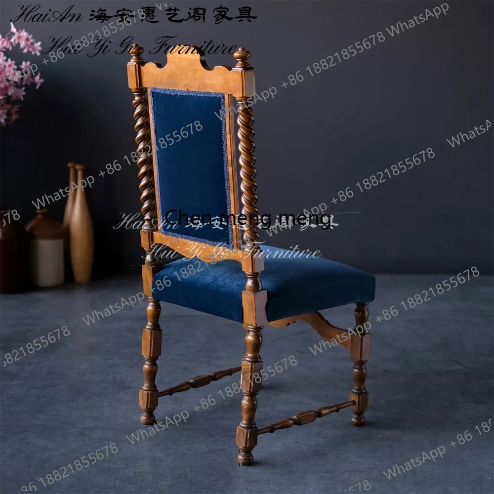 American classic solid wood dining chair blue flannel book chair hand-carved wooden leisure chair
