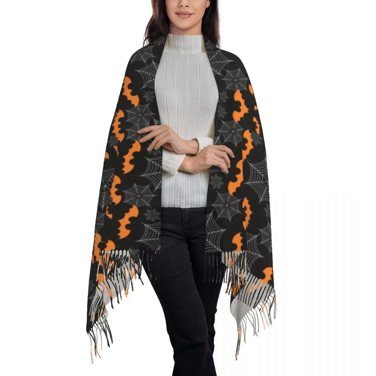 Halloween Bats Spider Pattern Scarf Wrap Women Long Winter Warm Tassel Shawl Unisex Goth Occult Witch Magic Scarves