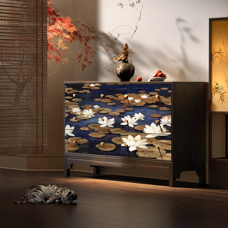 Song Dynasty aesthetics lotus solid wood chest cabinet locker living room storage decorative locker bedroom bedside drawer cabin