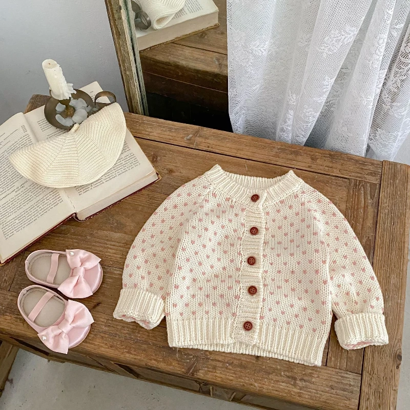 

2025 Autumn New Sweet and Sweet Heart Jacquard Thick Knitted Woolen Coat for Infants and Young Children