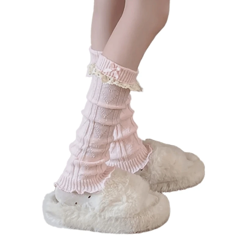 Ruffle Lace Designs Footless Socks Bowknot Knit Leg Warmers for Women Girls