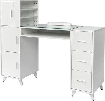 Maniküretisch, Nagelschreibtisch für Nail Tech mit Glasplatte und Handgelenkauflage, Schönheitssalon, Nagelzubehör, Dekor, Arbeitsplatz, aketonbeständig