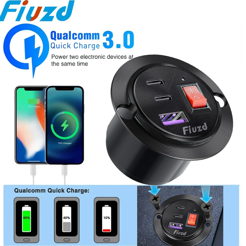 

PD Type C/QC 3.0 USB Charger USB Fast Car Charger Socket 12V/24V with Switch Auto Car Quckly Charge Adapter Power Outlet