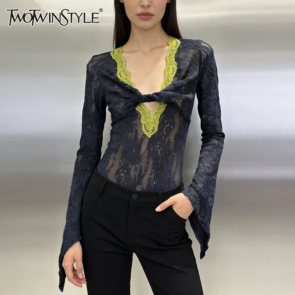 

TWOTWINSTYLE Hit Color Sheer Spliced Shirring Sexy Jumpsuits for Women V Neck Long Sleeves Tunic Patchwork Lace Jumpsuit Female