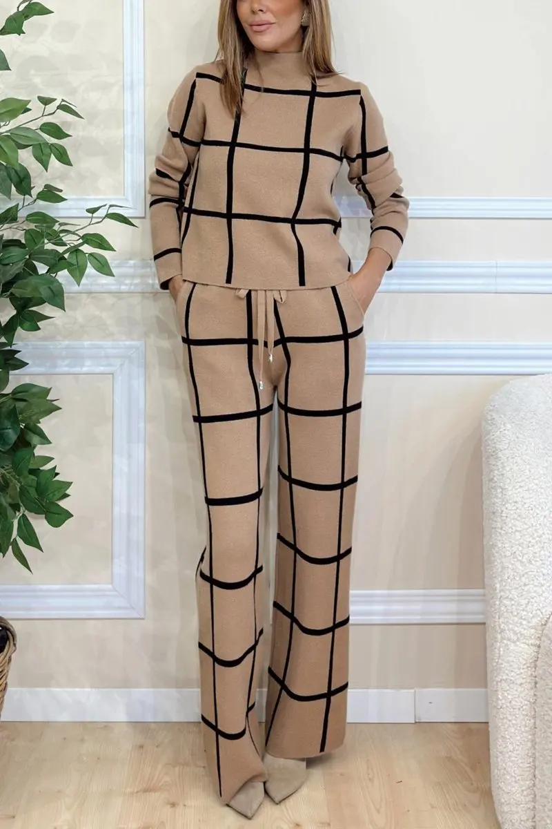 2024 Autumn/Winter New Women\'s Fashion: Solid Color High Neck Long Sleeve Plaid Print Long Pants Set