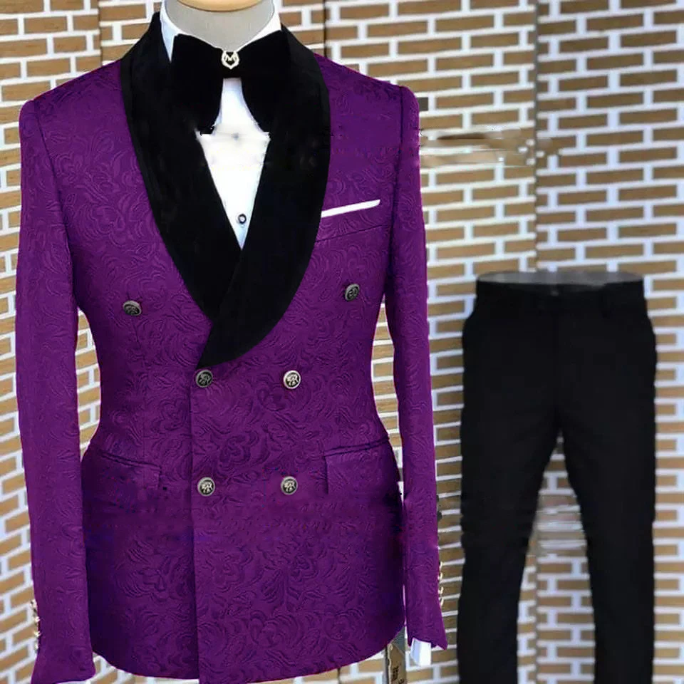 Double Breasted Burgundy Wedding Men Suits Slim Fit Tuxedo 2 Pieces Suits Groom Prom Jacquard Blazer Terno Masculino Suit