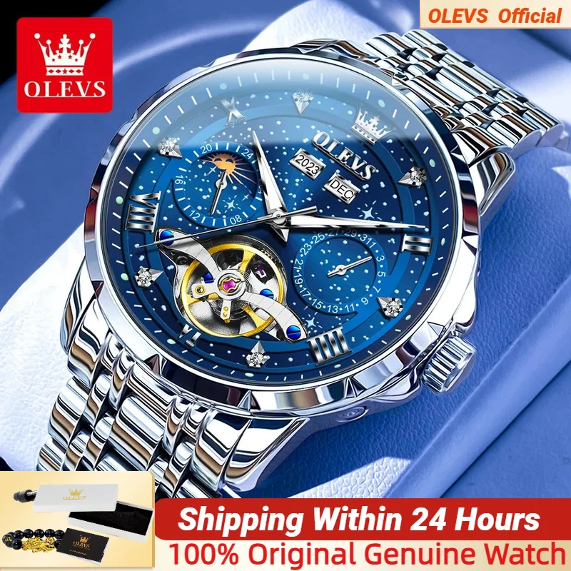 

OLEVS Starry Sky Design Automatic Mechanical Watch for Men Multifunctional Moon Phase Luminous Waterproof Men's Watches Original