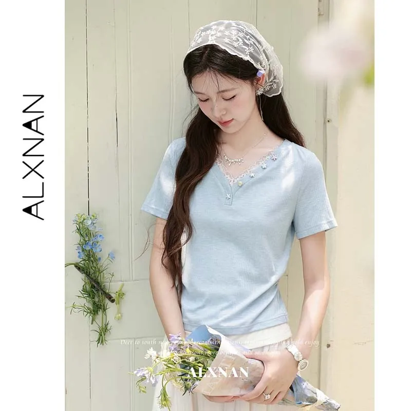 ALXNAN Women's Short Sleeve T-shirt V-neck Lace Trim Fake Two Piece Light Blue Summer Slim Fit Korean Casual 2026 Tops L65706-1 view 4