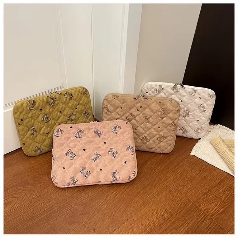 Cute Bow Corduroy Laptop Sleeve 11 13 14 15 15.6 16 Inch for Macbook Dell Samsung Notebook Tablet Pouch Protective Carrying Case