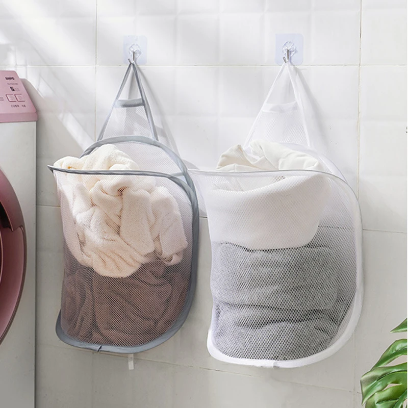 Foldable Hanging Laundry Basket Wall Mounted Net Storage Bag Portable Dirty Clothes Mesh Basket Closet Organizer Laundry Hamper