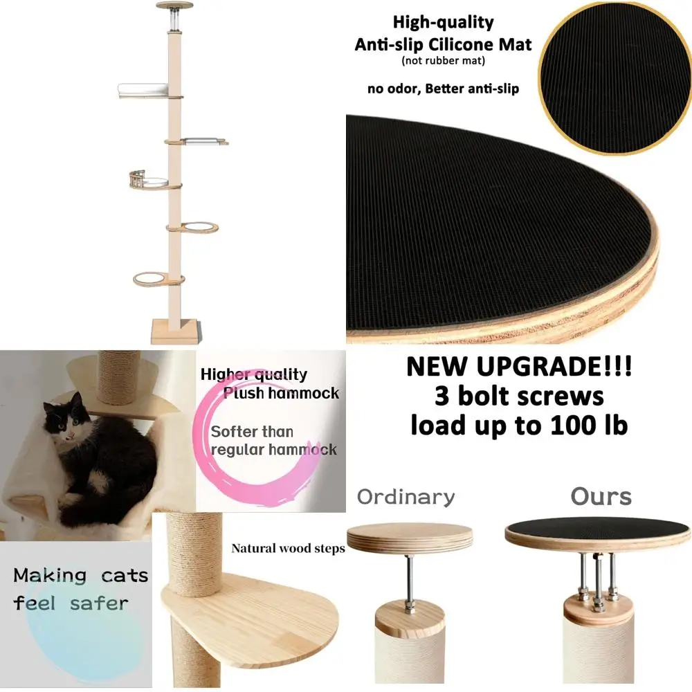 

Floor-to-Ceiling Cat Tower with Natural Sisal Rope, Scratching Post, Pedal, Fenced Area, and Transparent Bed, Adjustable Height