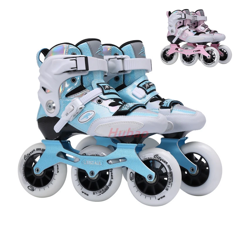 Patines de velocidad de fibra de carbono para niños, 3 ruedas, patines en línea para jóvenes, zapatillas de ruedas, azul, rosa, talla 27-38