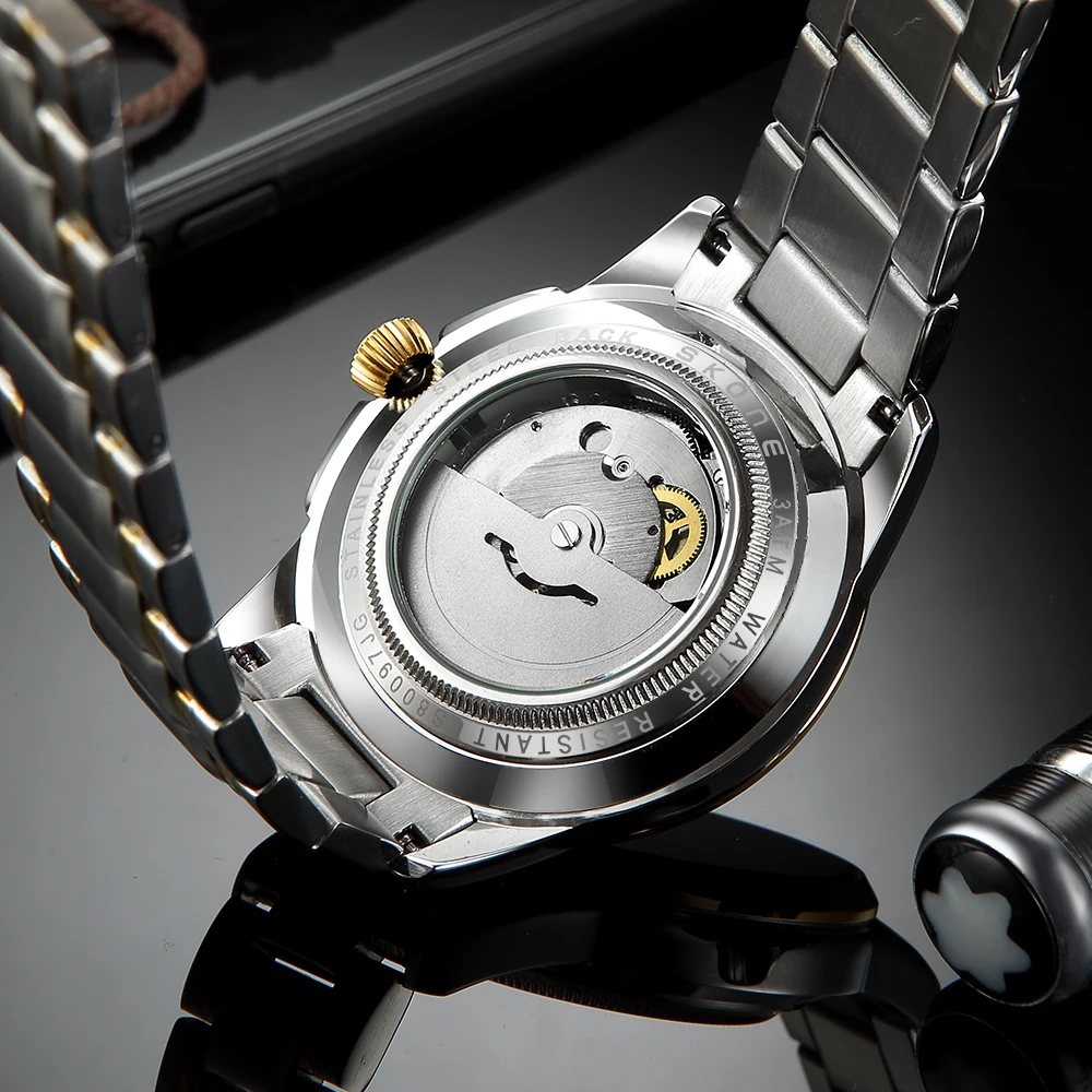 SKONE นาฬิกากลไกอัตโนมัติเต็มรูปแบบกันน้ําสําหรับผู้ชายพร้อมแถบเหล็ก นาฬิกาธุรกิจแบรนด์ไฟกลางคืนอินเทรนด์