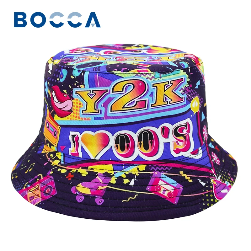 Bocca Y2K Disco Printing Bucket Hat Vintage Style Pattern Fisherman Hats Location Design Double Sides Panama Cap Sunscreen New