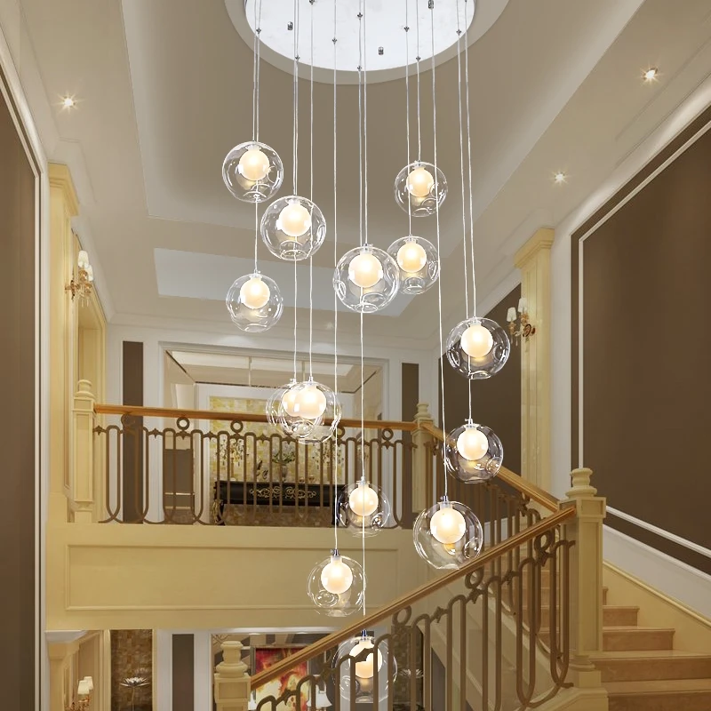 Modern staircase ceiling chandelier living room dining room light luxury Nordic lamps villa loft glass spherical long chandelier