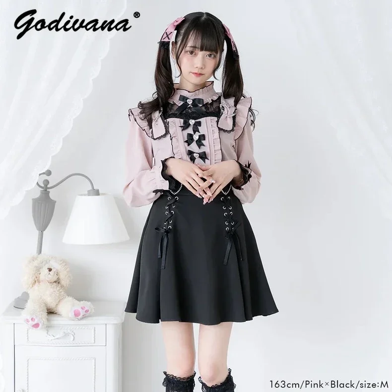 Japanese Mine Cute Bow Lotus Leaf Long Sleeve Shirt Spring and Autumn Girl Women's Lolita Blouse Sweet Tops